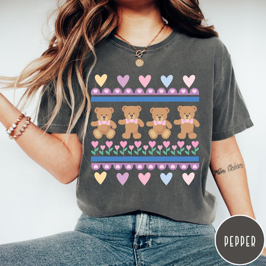 Comfort Colors tee in Pepper featuring vintage teddy bear pattern with hearts and pink bow tie bears
