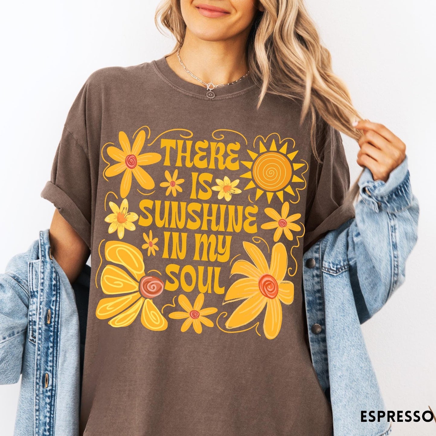 Comfort Colors tee in Espresso featuring inspirational quote design with yellow flowers and a sun graphic