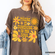 Comfort Colors tee in Espresso featuring inspirational quote design with yellow flowers and a sun graphic