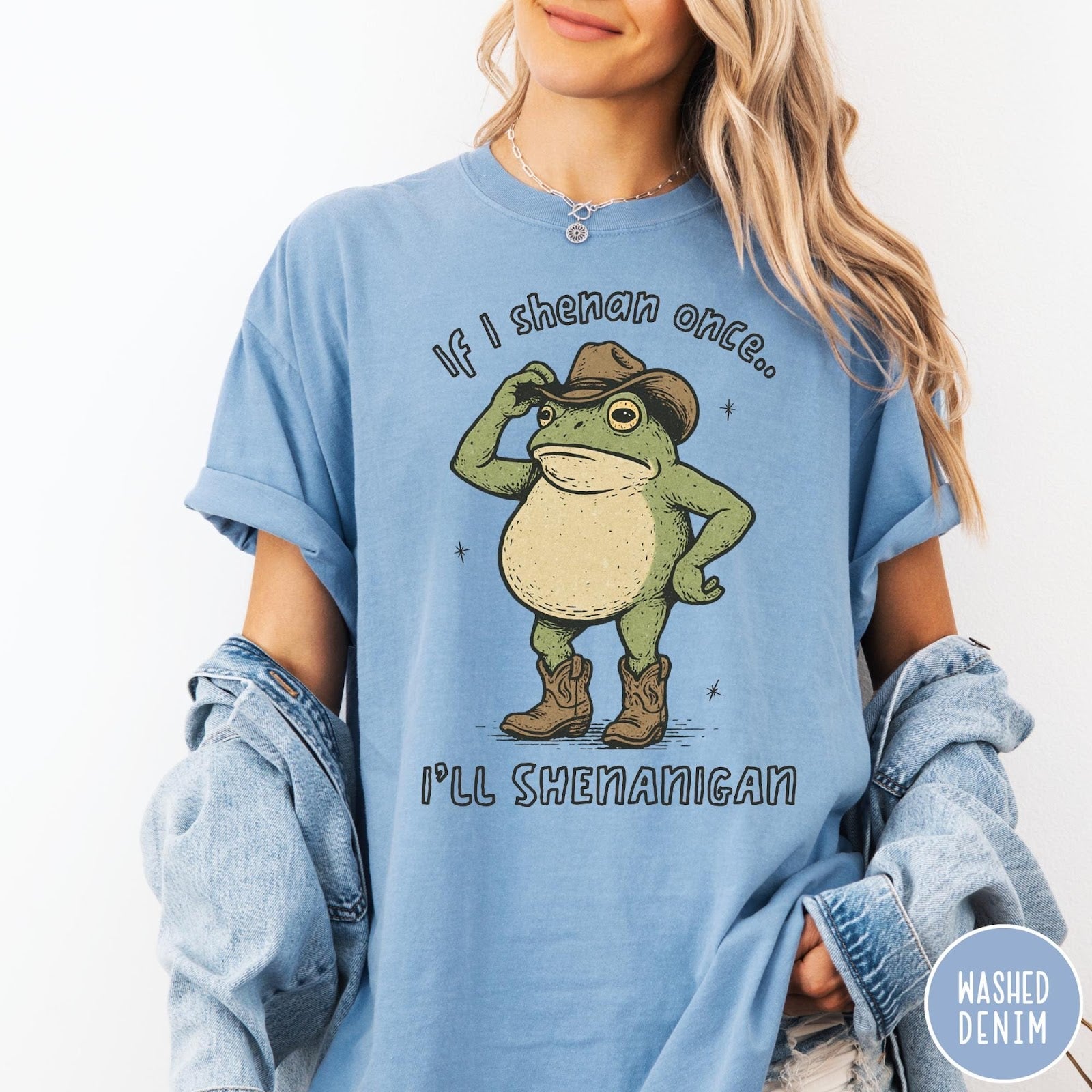 Comfort Colors tee in Washed Denim featuring western graphic of a frog wearing a cowboy hat and boots
