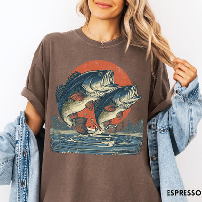 Comfort Colors tee in Espresso featuring vintage style graphic of two bass fish jumping out of water