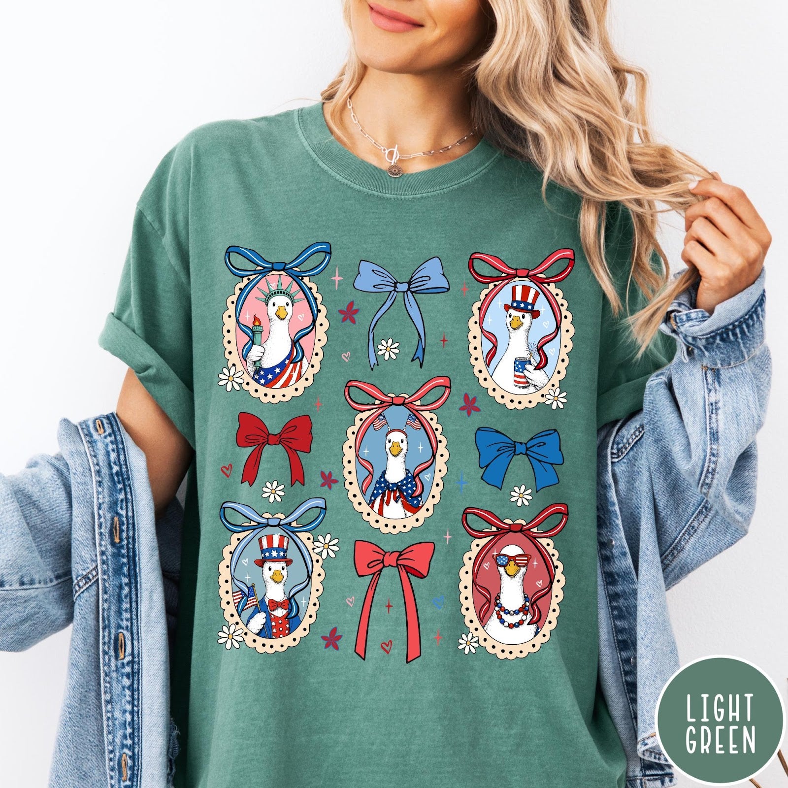 Comfort Colors tee in Light Green featuring coquette design with patriotic geese in frames and bows