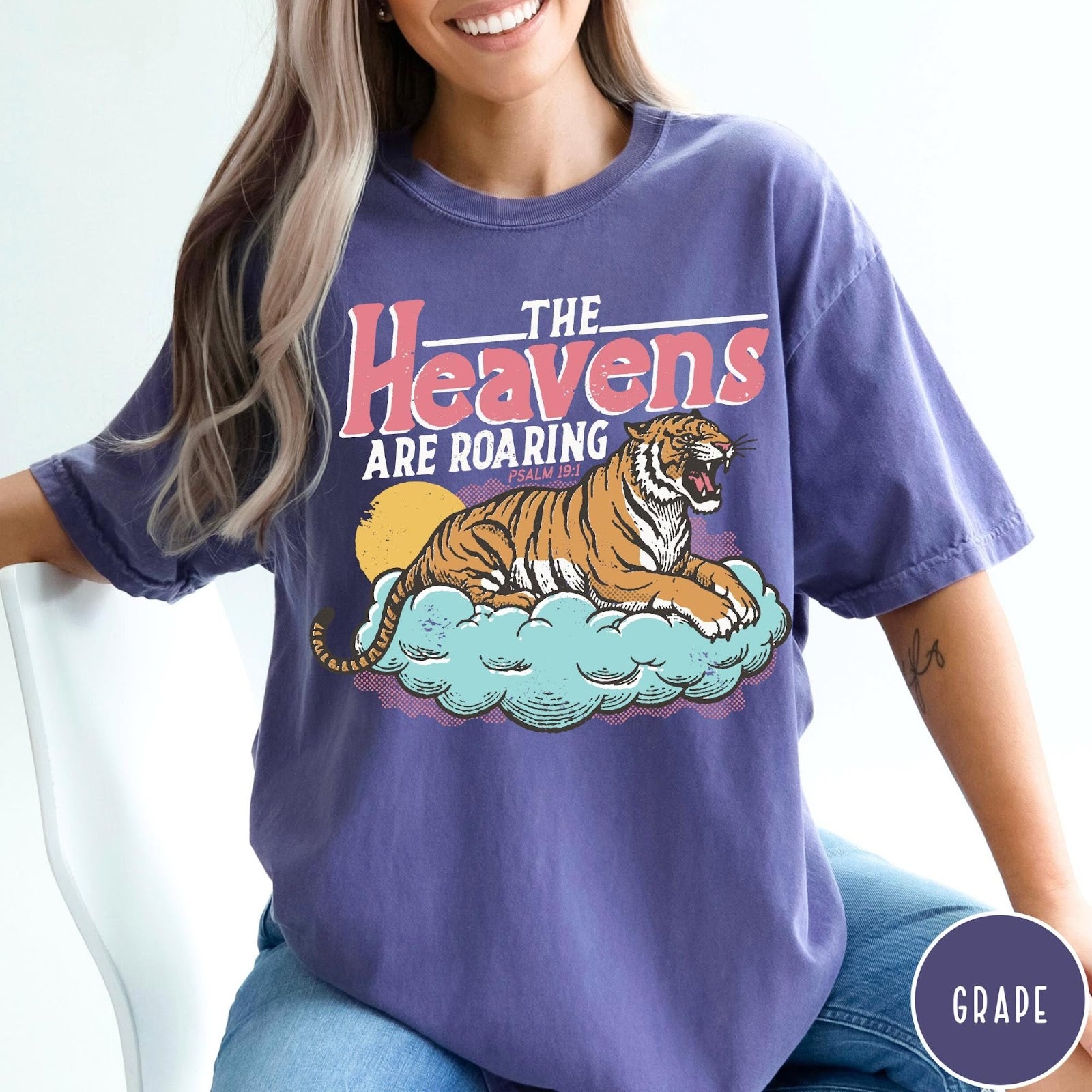 Comfort Colors tee in Grape featuring vintage style graphic of a roaring tiger on a cloud