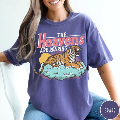 Comfort Colors tee in Grape featuring vintage style graphic of a roaring tiger on a cloud