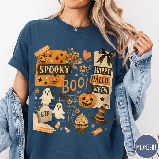 Comfort Colors tee in Midnight featuring Halloween collage design with pumpkins, ghosts, and festive autumn graphics