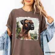 Comfort Colors tee in Espresso featuring vintage style graphic of a detailed Boxer dog portrait