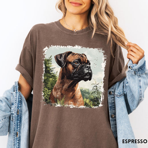 Comfort Colors tee in Espresso featuring vintage style graphic of a detailed Boxer dog portrait