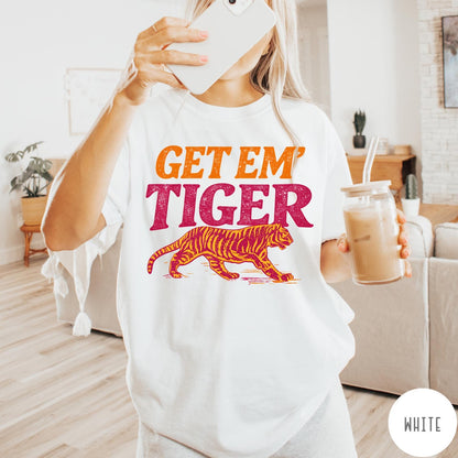 Comfort Colors tee in White featuring vintage style graphic with Get Em Tiger text and tiger illustration