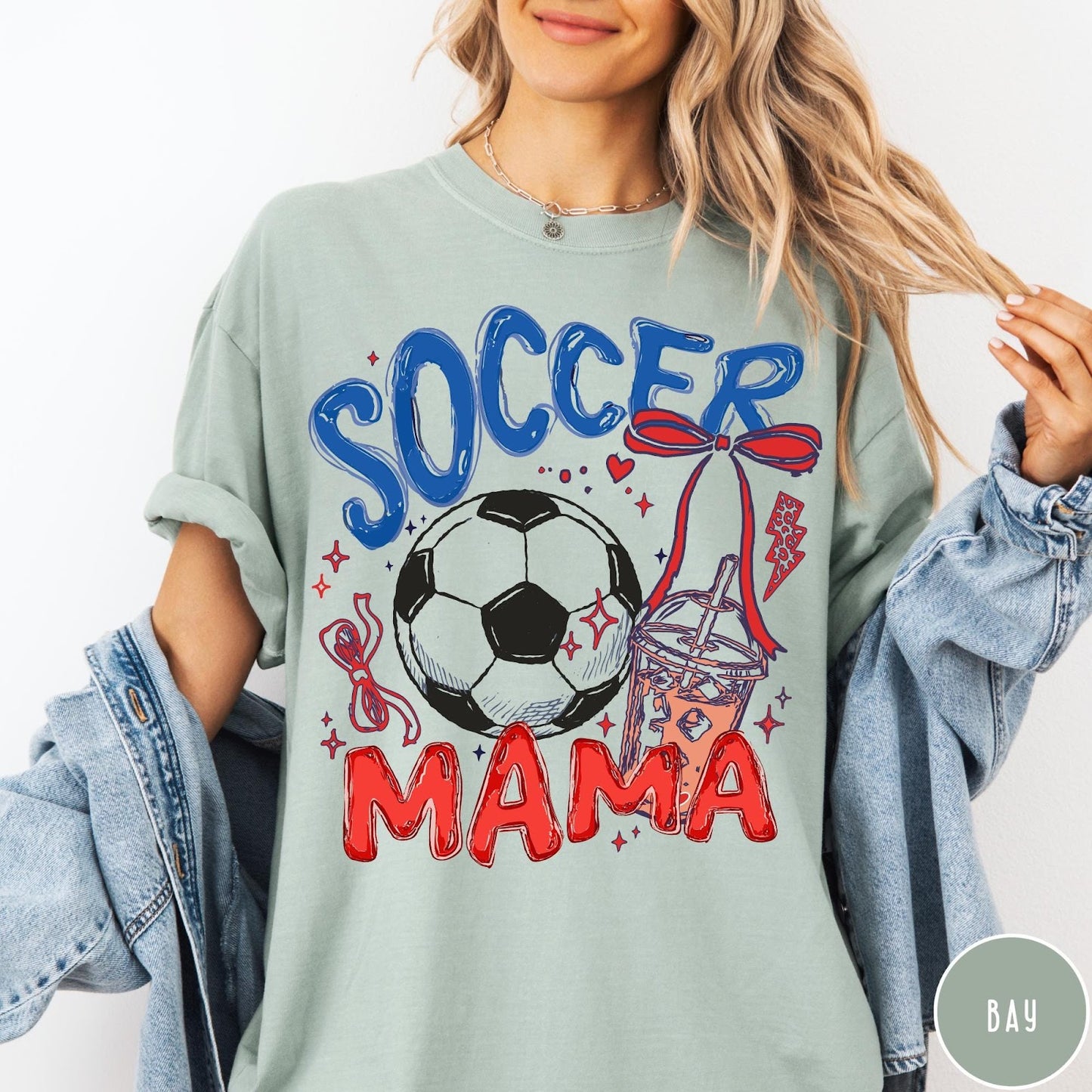 Comfort Colors tee in Bay featuring soccer design with a soccer ball and iced coffee graphic