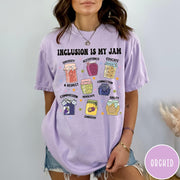 Comfort Colors tee in Orchid featuring retro style graphic with jam jars labeled with inclusion and advocacy terms