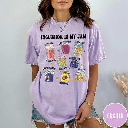 Comfort Colors tee in Orchid featuring retro style graphic with jam jars labeled with inclusion and advocacy terms