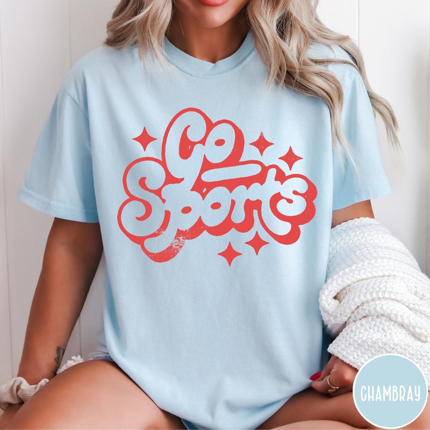 Comfort Colors tee in Chambray featuring retro sports style graphic with Go Sports text and star accents