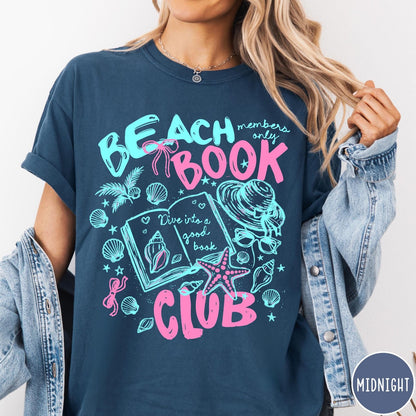 Comfort Colors tee in Midnight featuring beach book club graphic with seashells, starfish, and a sun hat