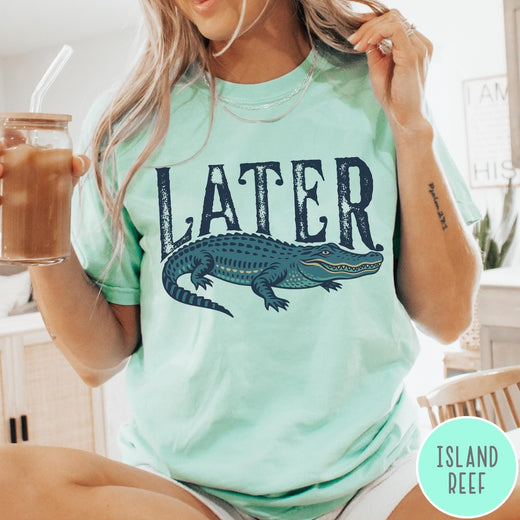 Comfort Colors tee in Island Reef featuring casual style with a graphic of a green alligator and text