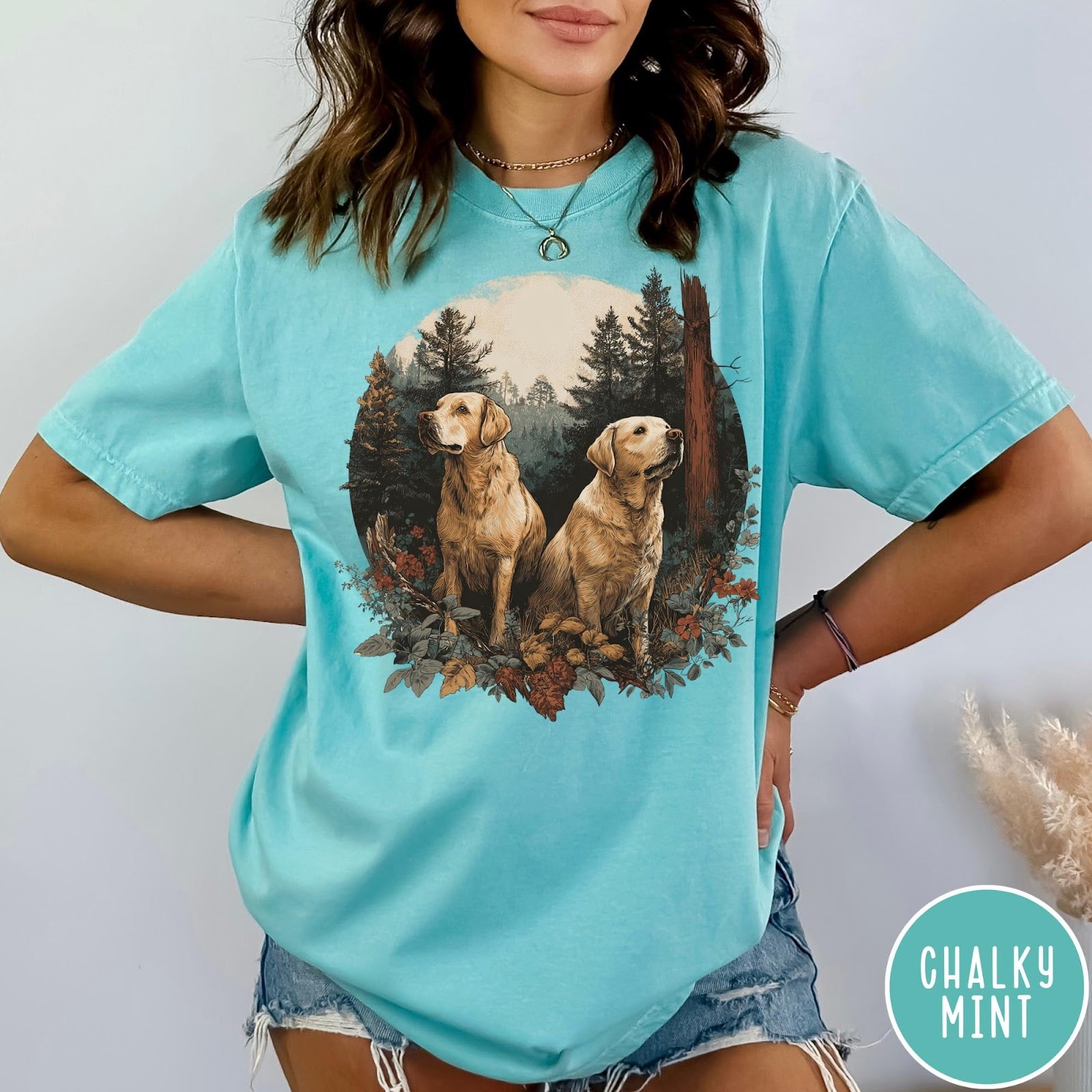 Comfort Colors tee in Chalky Mint featuring vintage style graphic of two golden labrador dogs in forest