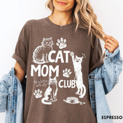 Comfort Colors tee in Espresso featuring vintage style graphic with cats, paw prints, and cat mom club text