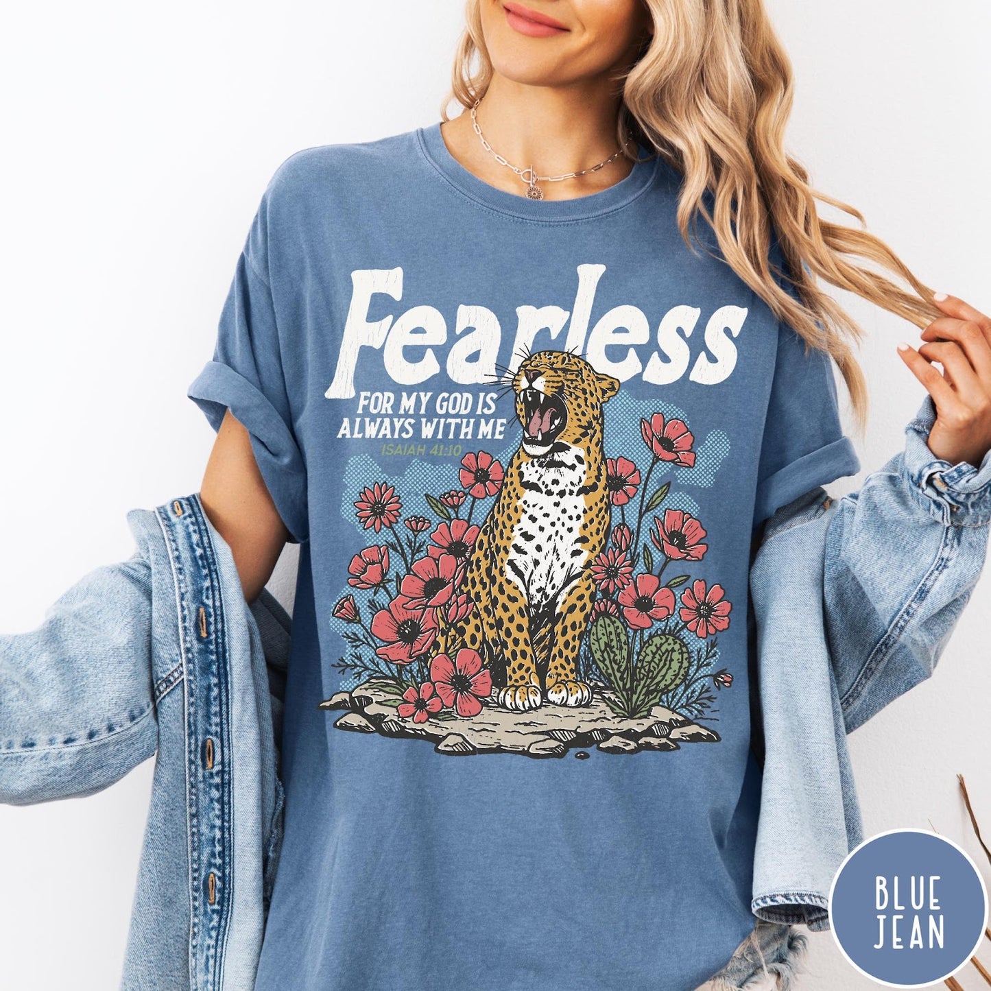 Comfort Colors tee in Blue Jean featuring leopard and flowers graphic with Fearless Bible verse Isaiah 41:10 text