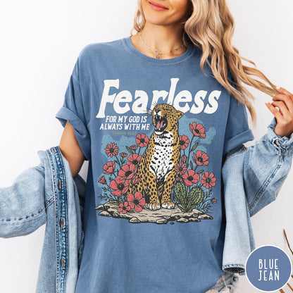Comfort Colors tee in Blue Jean featuring leopard and flowers graphic with Fearless Bible verse Isaiah 41:10 text