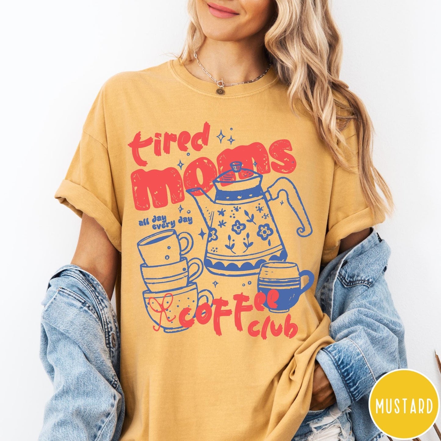 Comfort Colors tee in Mustard featuring coffee themed graphic with teapot and stacked mugs and text design