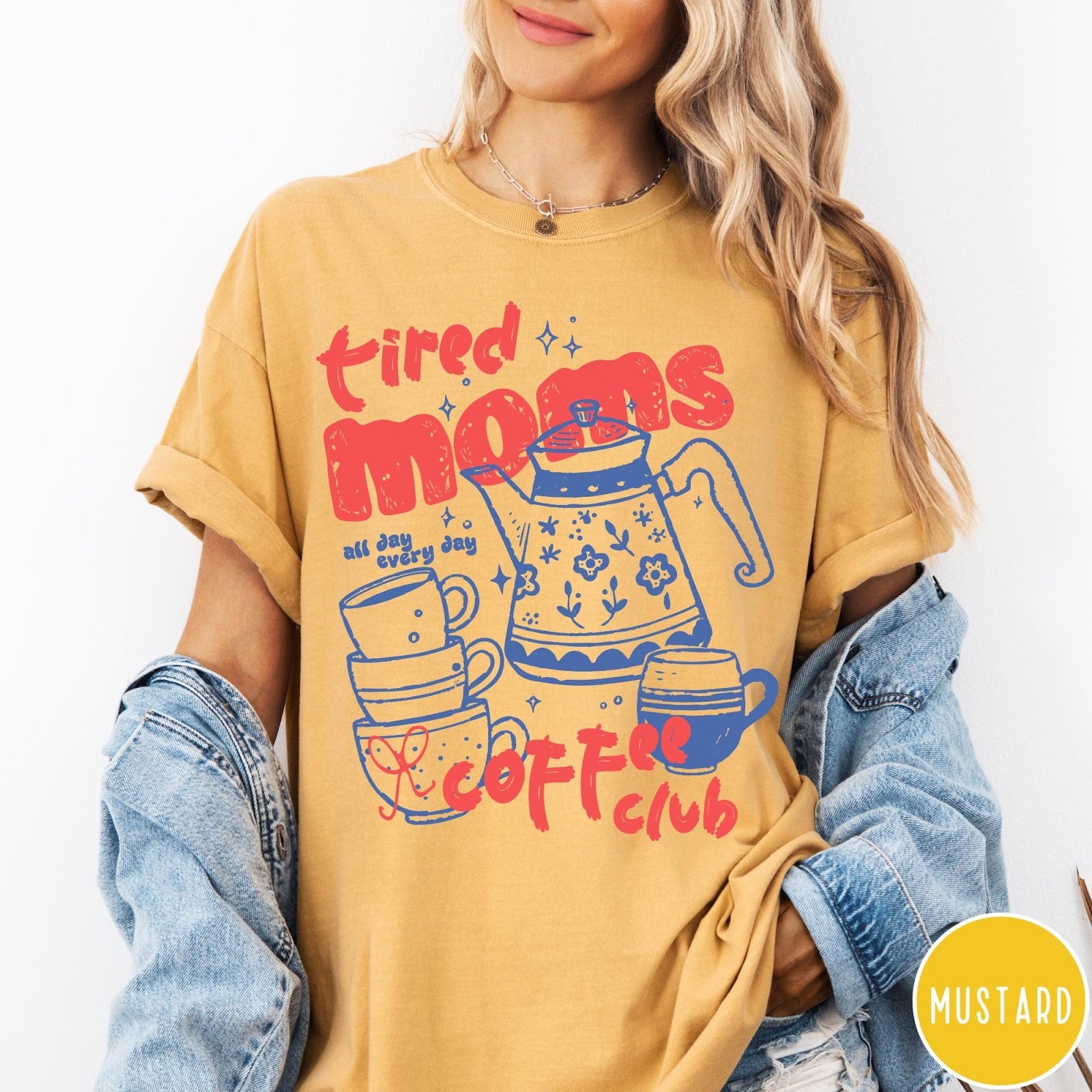 Comfort Colors tee in Mustard featuring coffee themed graphic with teapot and stacked mugs and text design