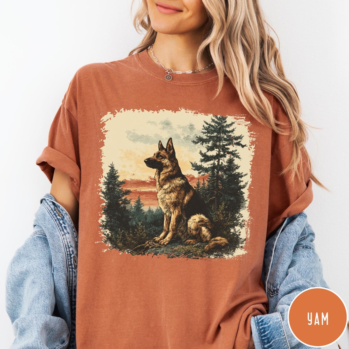 Comfort Colors tee in Yam featuring vintage style graphic of a German Shepherd sitting in a forest