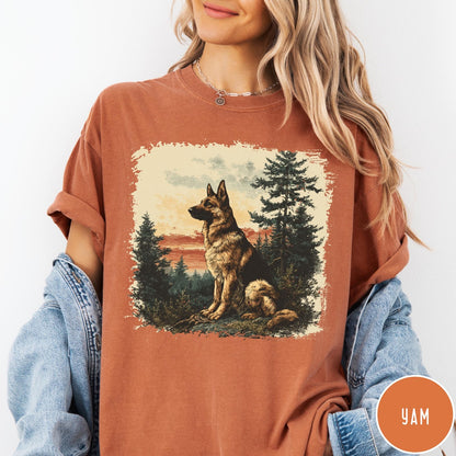Comfort Colors tee in Yam featuring vintage style graphic of a German Shepherd sitting in a forest