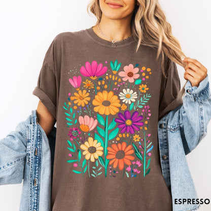 Comfort Colors tee in Espresso featuring boho style floral graphic with vibrant orange, pink, and purple flowers