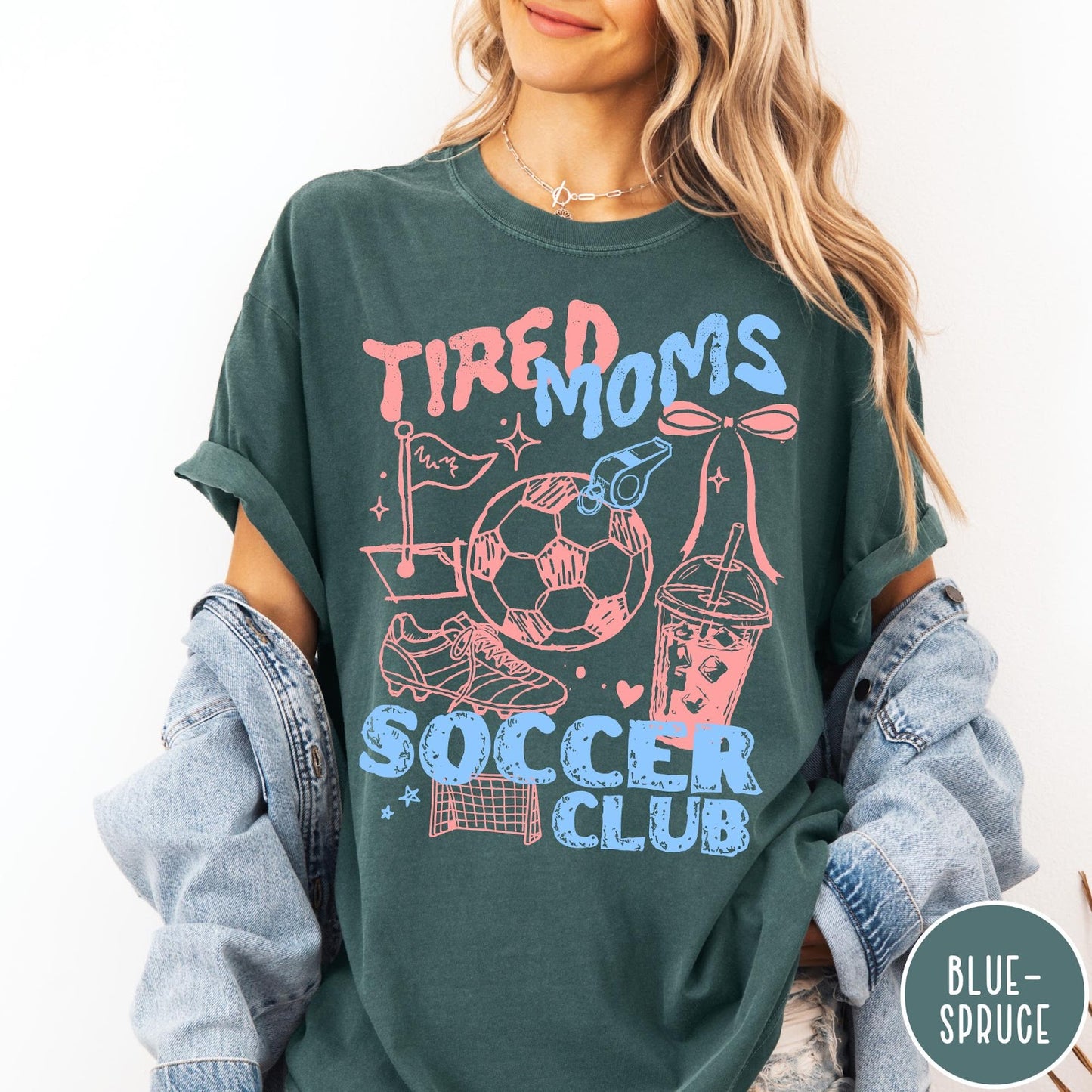 Comfort Colors tee in Blue Spruce featuring soccer mom life graphic with soccer ball and iced coffee