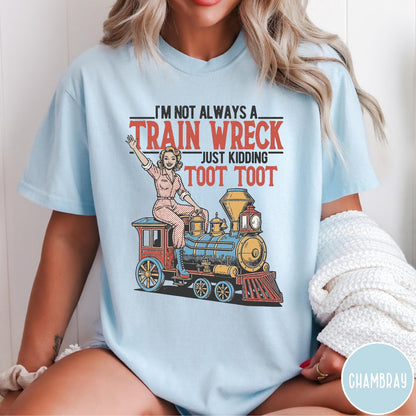 Comfort Colors tee in Chambray featuring vintage style pin-up woman sitting on a steam train graphic