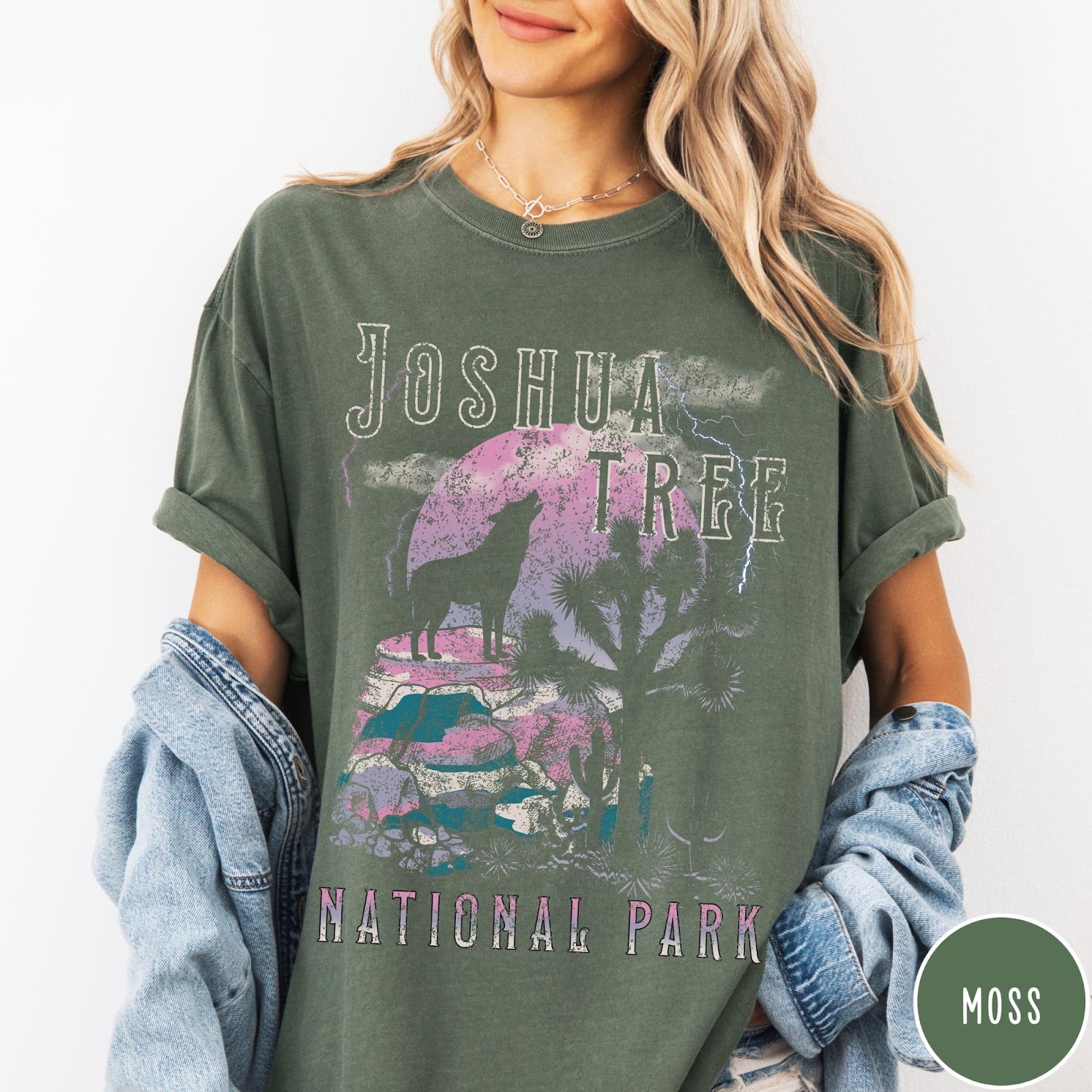 Comfort Colors tee in Moss featuring vintage style graphic of a howling wolf at Joshua Tree National Park