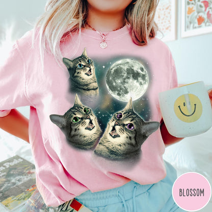 Comfort Colors tee in Blossom featuring retro design with three cats looking up at the moon