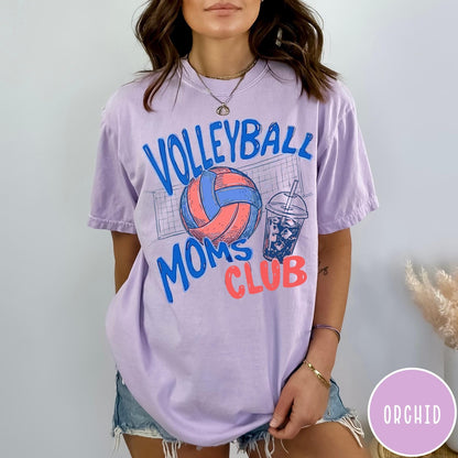 Comfort Colors tee in Orchid featuring volleyball mom life graphic with a volleyball and iced coffee drink