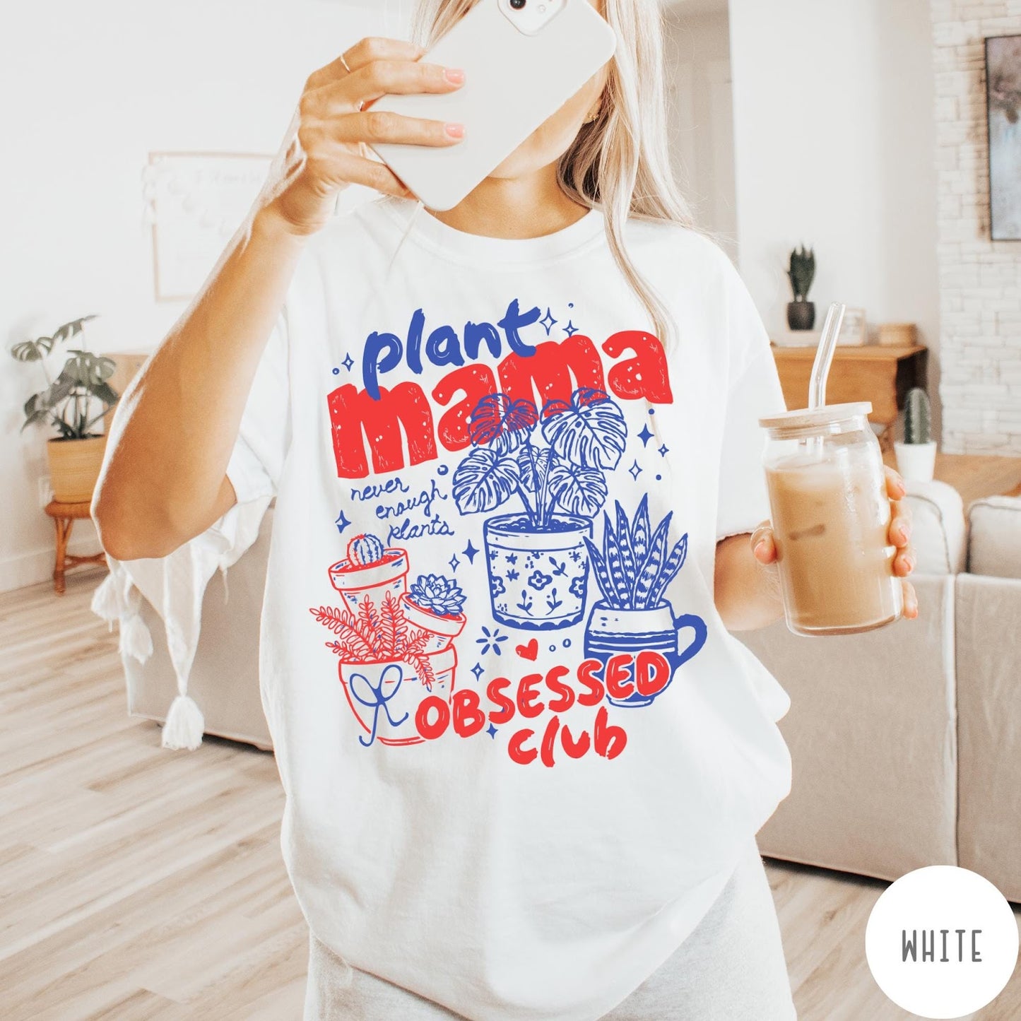 Comfort Colors tee in White featuring graphic design with potted plants and Plant Mama Obsessed Club text