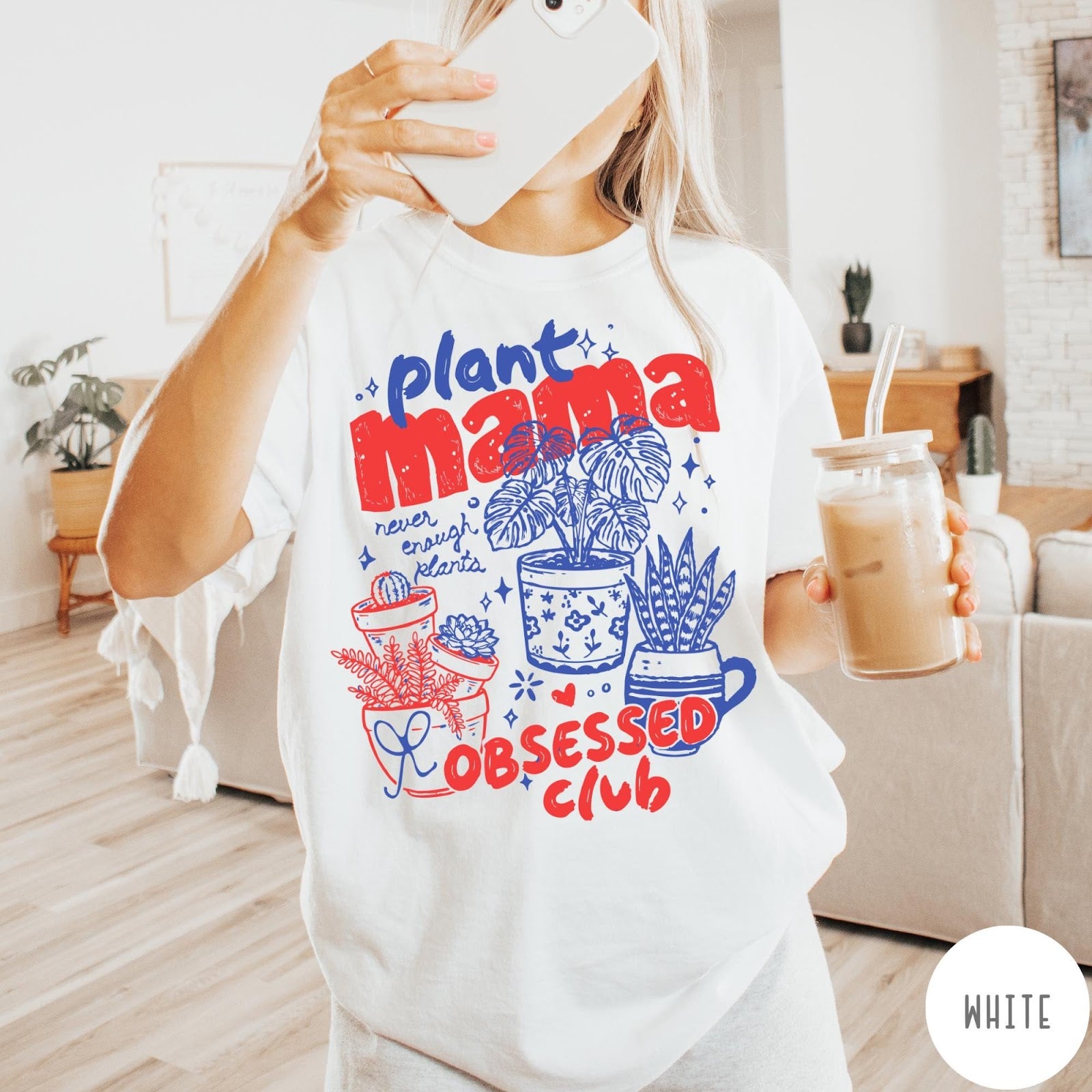 Comfort Colors tee in White featuring graphic design with potted plants and Plant Mama Obsessed Club text