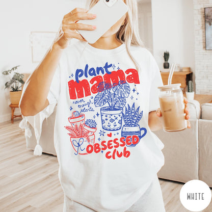 Comfort Colors tee in White featuring graphic design with potted plants and Plant Mama Obsessed Club text