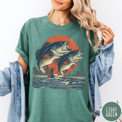 Comfort Colors tee in Light Green featuring vintage style graphic of two bass fish jumping out of water