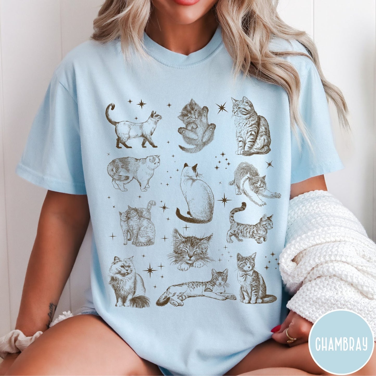 Comfort Colors tee in Chambray featuring vintage style graphic illustration of various cats and celestial stars