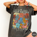 Comfort Colors tee in Pepper featuring retro style ocean life graphic with Isaiah 43:2 Bible verse text