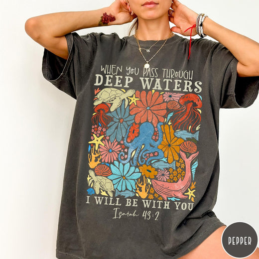 Comfort Colors tee in Pepper featuring retro style ocean life graphic with Isaiah 43:2 Bible verse text