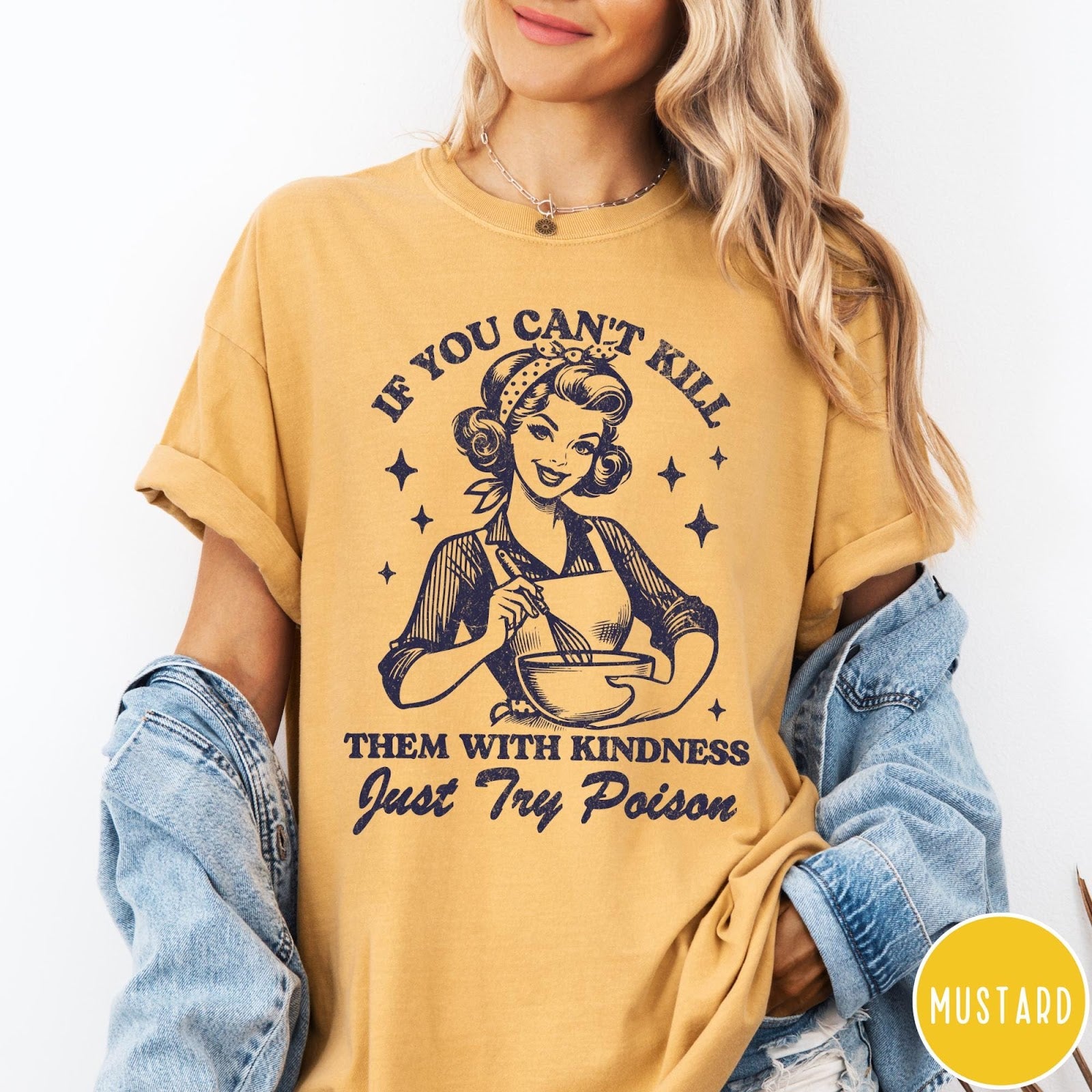 Comfort Colors tee in Mustard featuring retro housewife design with a woman whisking a bowl and text