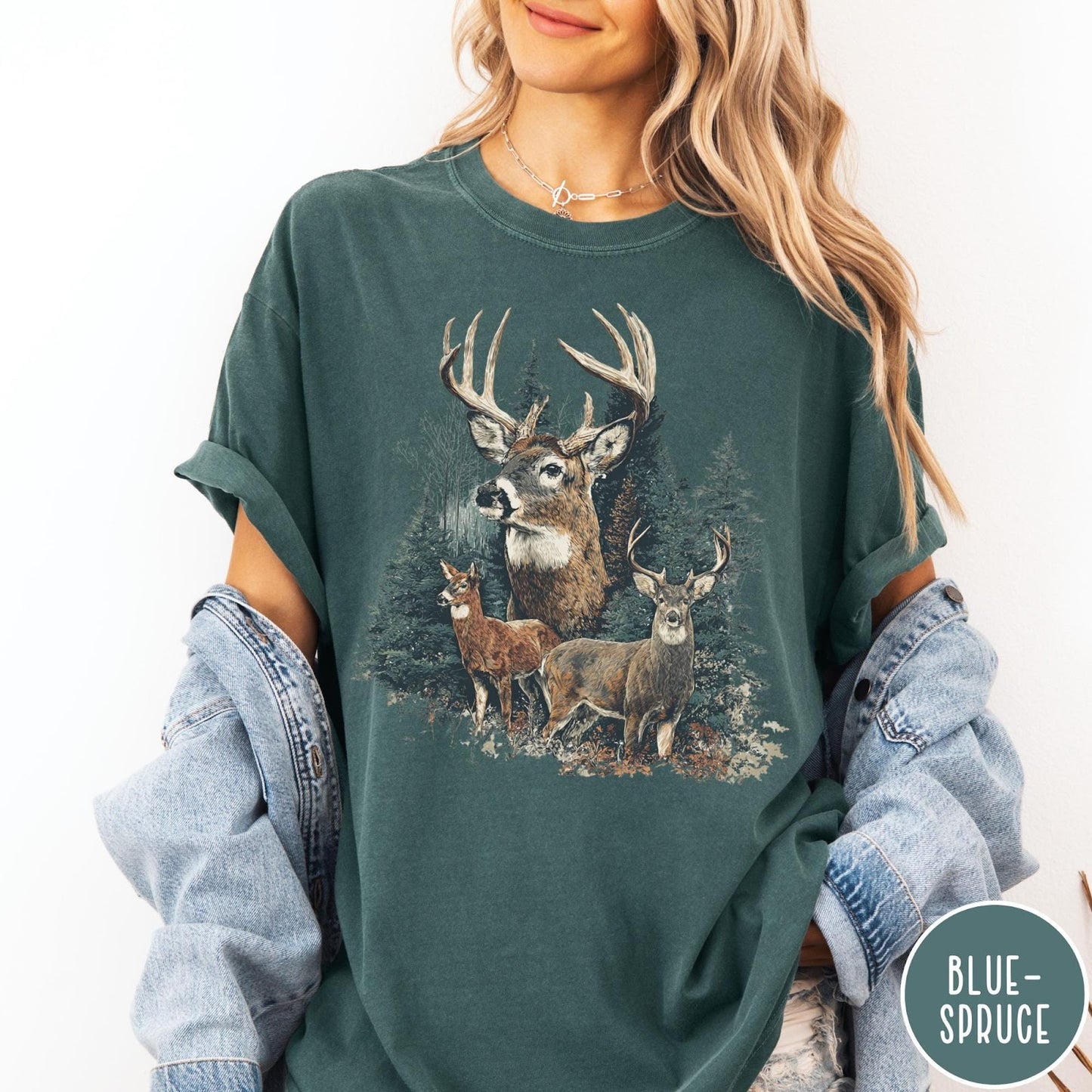 Comfort Colors tee in Blue Spruce featuring vintage style graphic of deer in a forest