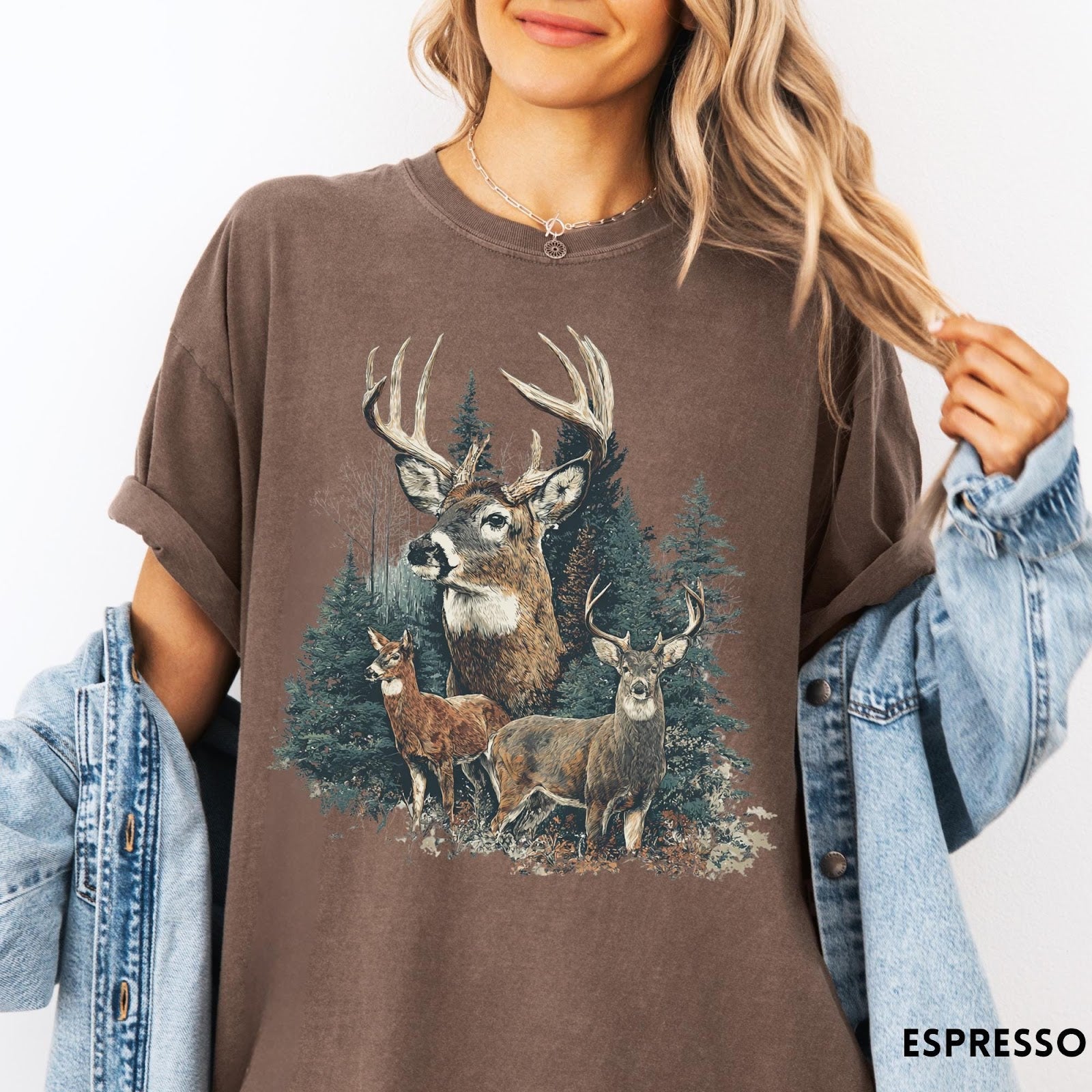 Comfort Colors tee in Espresso featuring vintage style graphic of a deer family in a forest scene