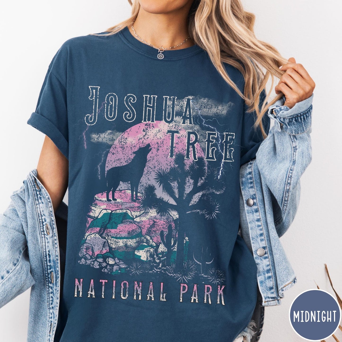 Comfort Colors tee in Midnight featuring vintage style graphic of a howling wolf at Joshua Tree National Park