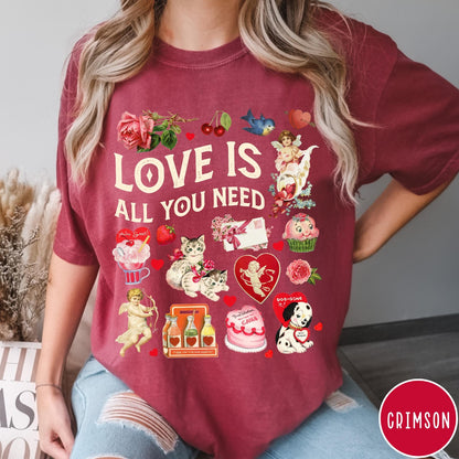 Comfort Colors tee in Crimson featuring Valentine's Day collage with kittens, cherubs, roses, and vintage graphic elements