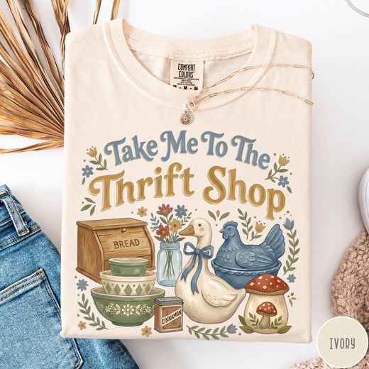 Comfort Colors tee in Ivory featuring vintage kitchenware graphic with bread box, bowls, goose, and mushroom.