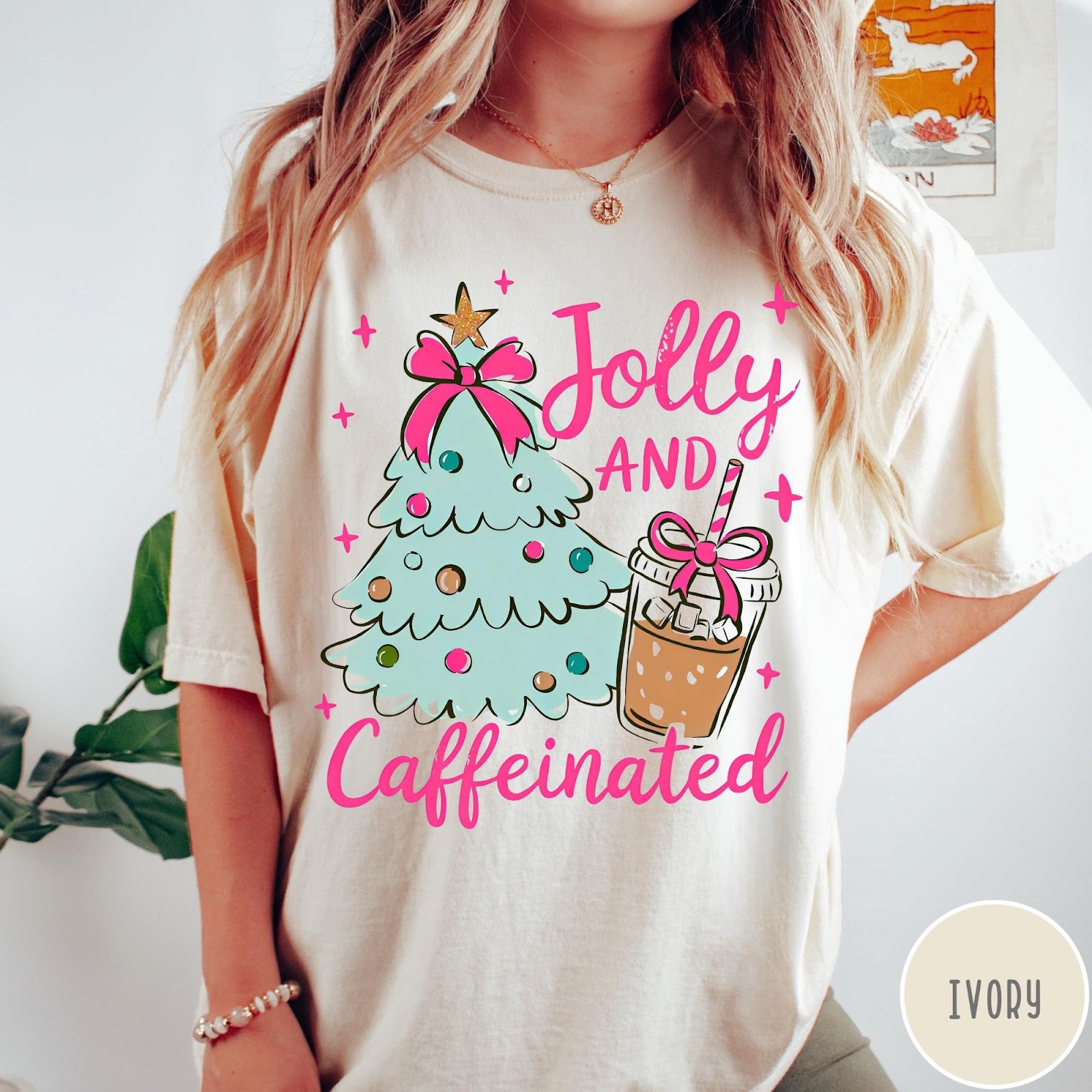 Comfort Colors tee in Ivory featuring festive holiday style with a Christmas tree and iced coffee graphic