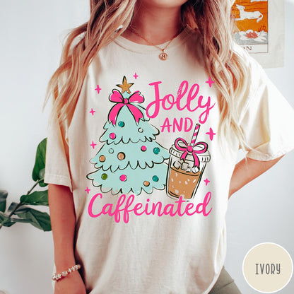 Comfort Colors tee in Ivory featuring festive holiday style with a Christmas tree and iced coffee graphic