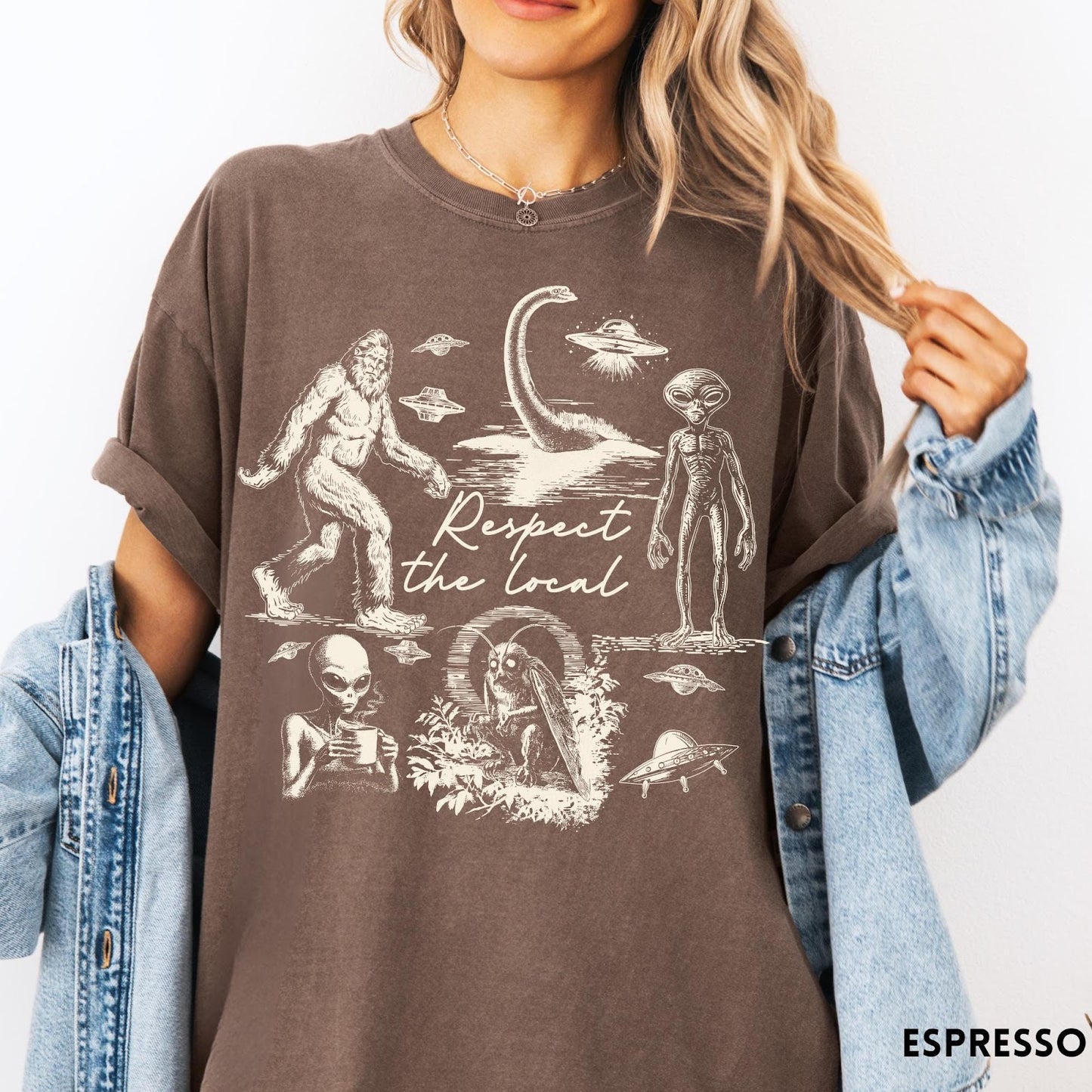 Comfort Colors tee in Espresso featuring vintage style graphic of Bigfoot, Loch Ness Monster, aliens, and UFOs
