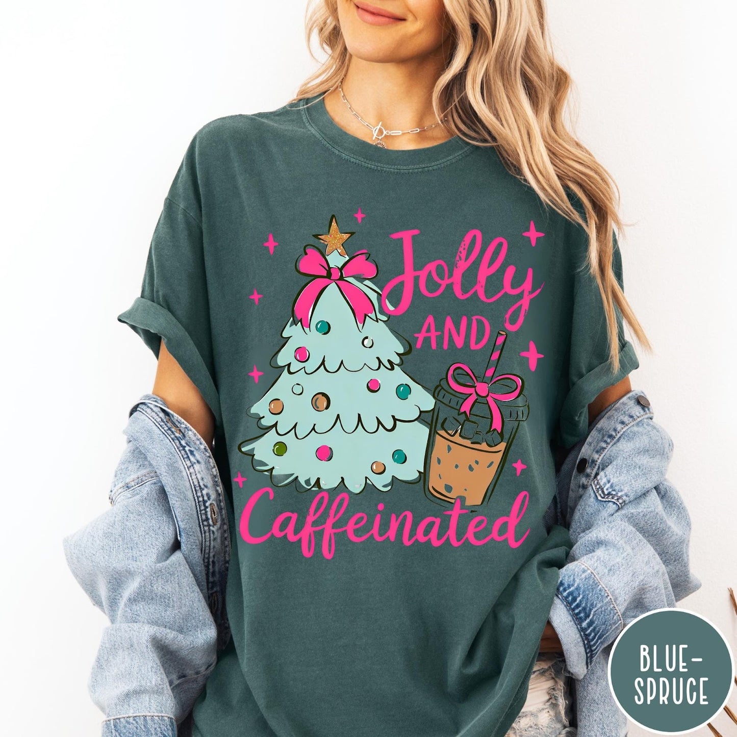 Comfort Colors tee in Blue Spruce featuring festive holiday style with a Christmas tree and iced coffee graphic