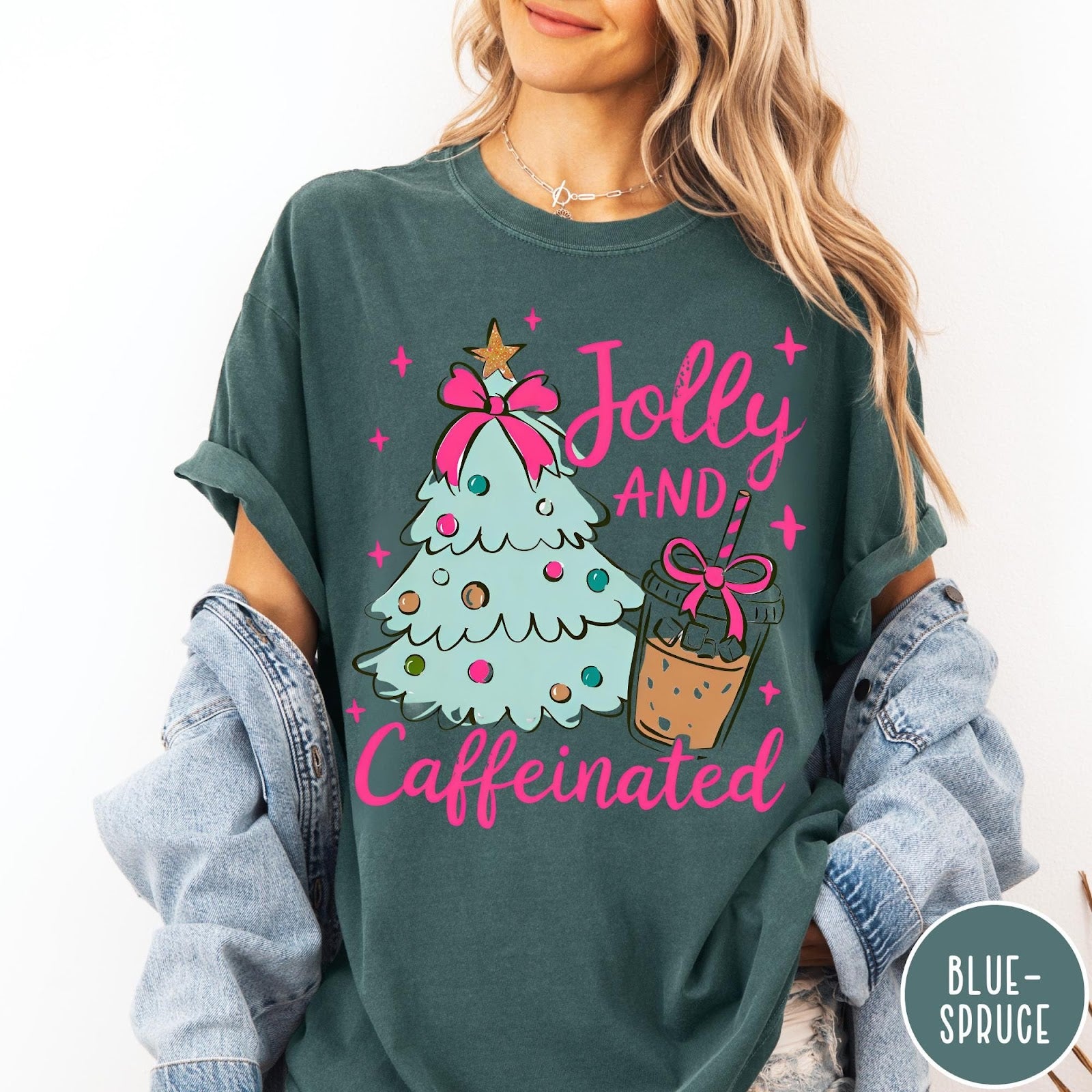 Comfort Colors tee in Blue Spruce featuring festive holiday style with a Christmas tree and iced coffee graphic